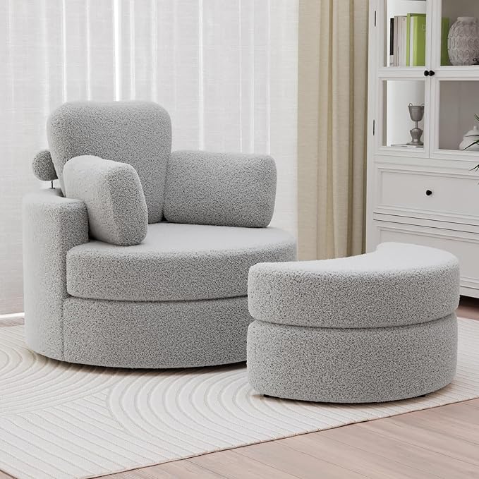 MEISSALIVVE Swivel Accent Chair - Swivel Chair with Ottoman Cuddle Round Lounge Sofa with Pillow 360° Rotating Barrel Sofa Chairs for Living Room (Grey)
