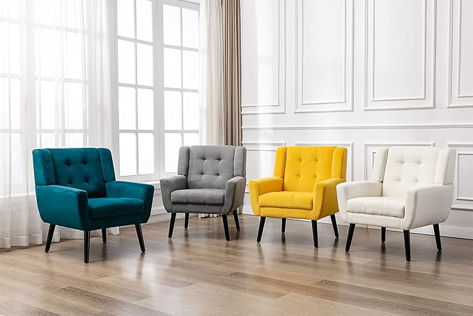 Set of 2 Linen Accent Chair Mid-Century Modern Tufted Armchair for Living Room Bedroom &amp Office (Beige)