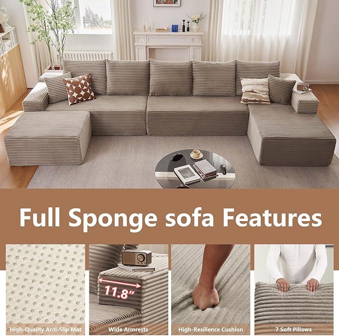 Cloud Modular Sectional Sofa for Living Room167x69.7 Oversized U-Shaped Couch with 7 PillowsBig Comfy Couches SetFluffy Corduroy Sofa with Ottoman &amp ChaiseNo Assembly(CamelRight-Facing Chaise