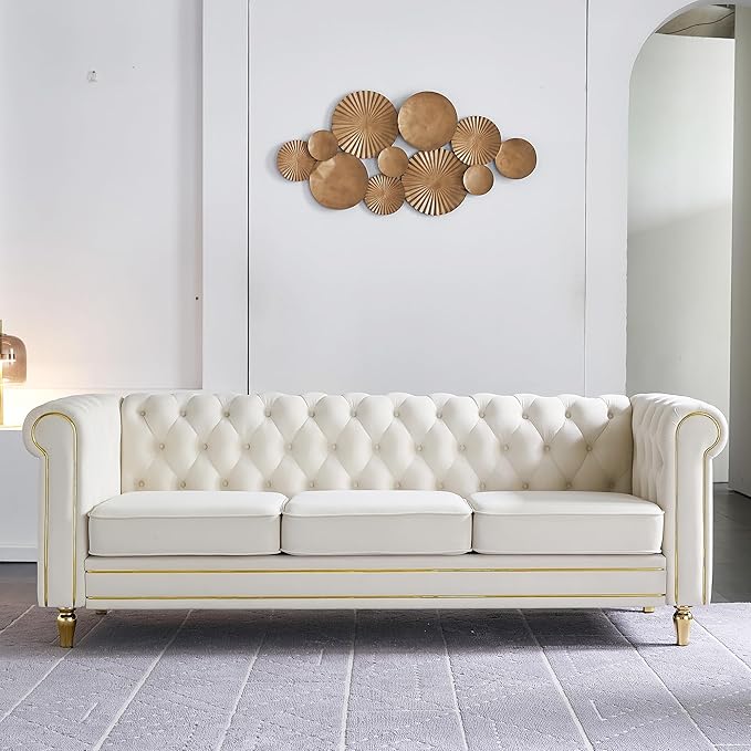 Homtique 84 Modern Sofa Couch for Living Room 3 Seater Couch Comfy Velvet Sofa Button Tufted Rolled Arms and Gold Legs Chesterfield for Home Studio/Office Bedroom Beige