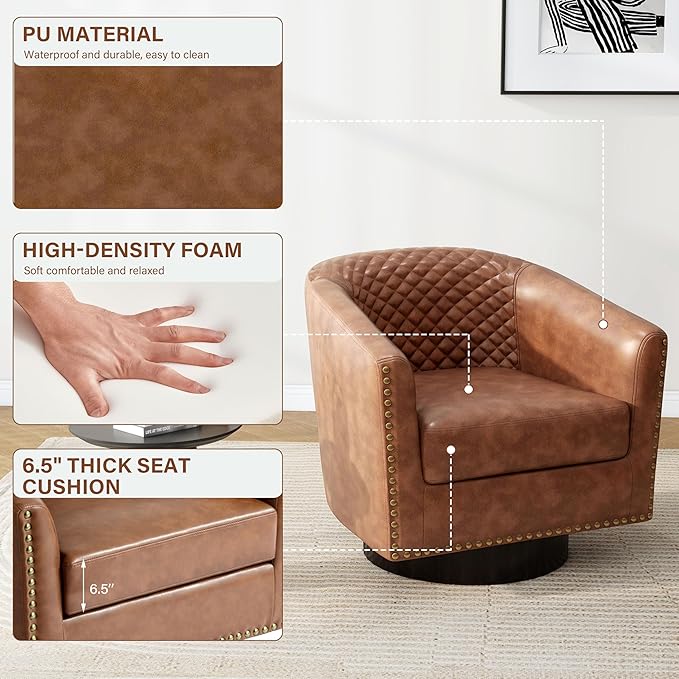 Pia Ricco Faux Leather Swivel Barrel Accent Chairs 360° Swivel Round Single Sofa Chair Comfy Upholstered Club Armchair with Nailhead Trim for Living Room/Reading Room/Bedroom Brown
