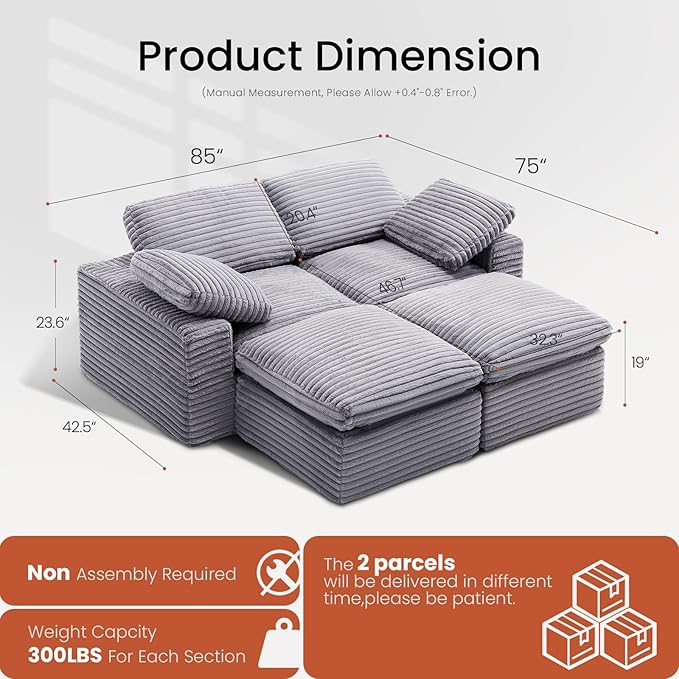 KKL 85 Sectional Modular Boneless Sofa Bed 4 Seater Cloud Couch with Ottoman Corduroy Sectional Couches for Living Room Bedroom Grey