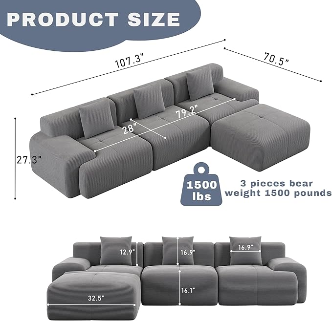 107 Cloud Modular Sectional CouchBoneless Sofa with OttmanL-Shape Upholstered Sofas with Deep SeatModern Cozy Corduroy Couches with Memory FoamNo Assembly Required (Dark Grey)