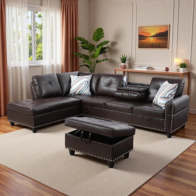 L-Shaped Sectional Sofa with Movable Chaise &amp Storage Ottoman Leather 3-Piece Modular Convertible Couches for Living Room Apartment &amp Office Brown