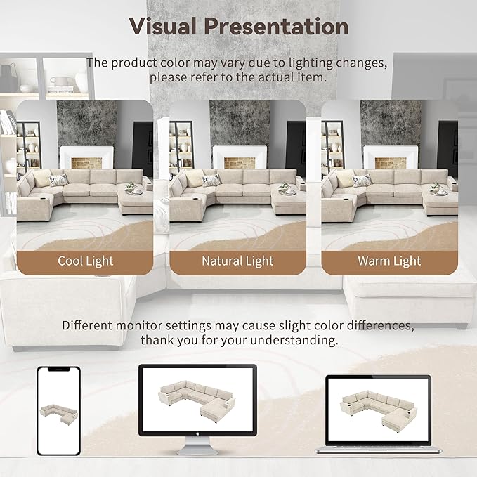 119*67 U Shaped Sectional Sofa6 Seat Chenille Corner Couch Set with Oversized Chaise LoungeIrregular Corner Deep and Wide Seat Comfy Sofa with Cup Holders for Living RoomApartment (Beige-V33)