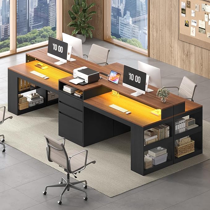 96.6 Long Computer Desk 2 Person Desk with LED Lights &amp Power Outlet Modern Two Person Gaming Desk with File Drawers Monitor Stand Printer Shelf ＆ Storage Double Table for Home Office Black
