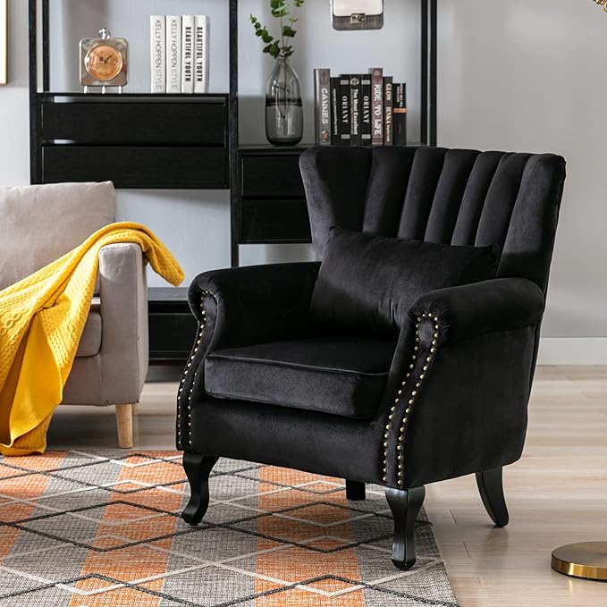 chairus Mid-Century Modern Accent Chair Comfy Single Sofa Chair Channel Back Armchair with Small Pillow for Living Roon Bedroom Club - Velvet Black