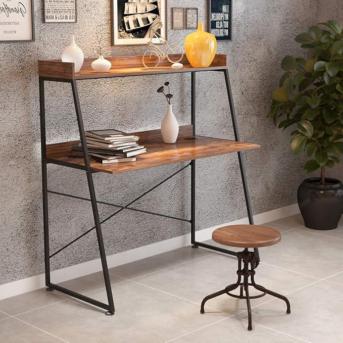 DESIGNA 48 Inch Ladder Desk with Storage Shelves 2-Tier Home Office Students Study Writing PC Computer Gaming Table with Bookshelf Modern Workstation for Small Space Saving Metal Frame Rustic Brown