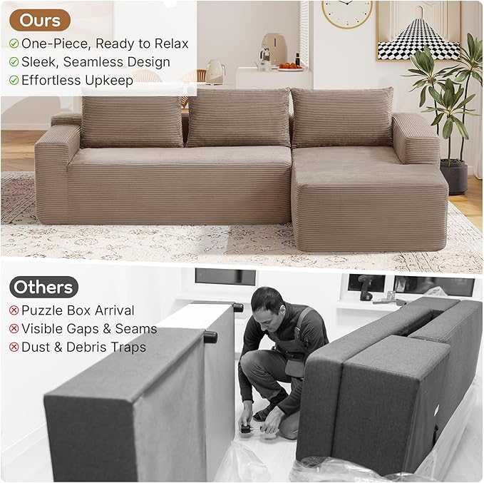 97 L Shaped Boneless Couches fo Living Room Modular Sectional Sofa Camel Corduroy Compression Couches for Small Spaces No Assembly Required (Right Facing Chaise)