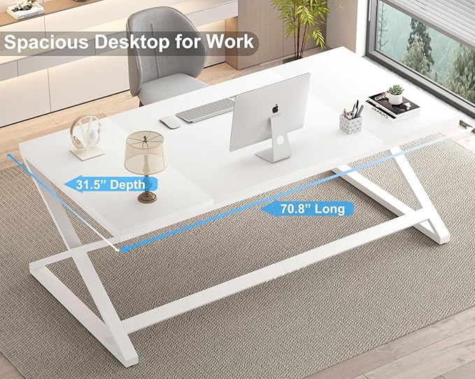 IBF Long White Computer Desk Modern Simple Large Home Office Desk Wood Metal Work Study Writing Table for 2 Monitors Double Pc Gaming Executive Workstation in Bedroom Living Room White Oak70 in