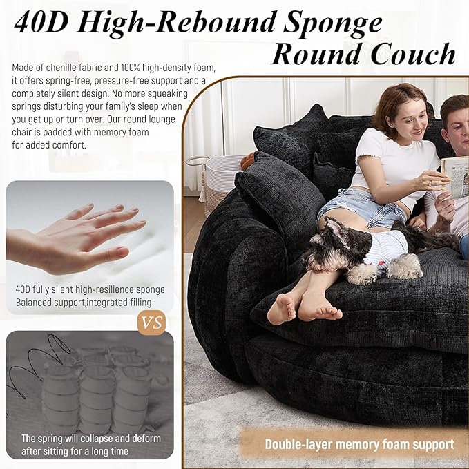 81'' Cloud Couches for Living Room Comfy Circle Round Couch Bed with 14 Pillows Upholstered Boneless Couch Oversized Chaise Lounge Chair Indoor Extra Wide Round Daybed Floor Sofa (Black)