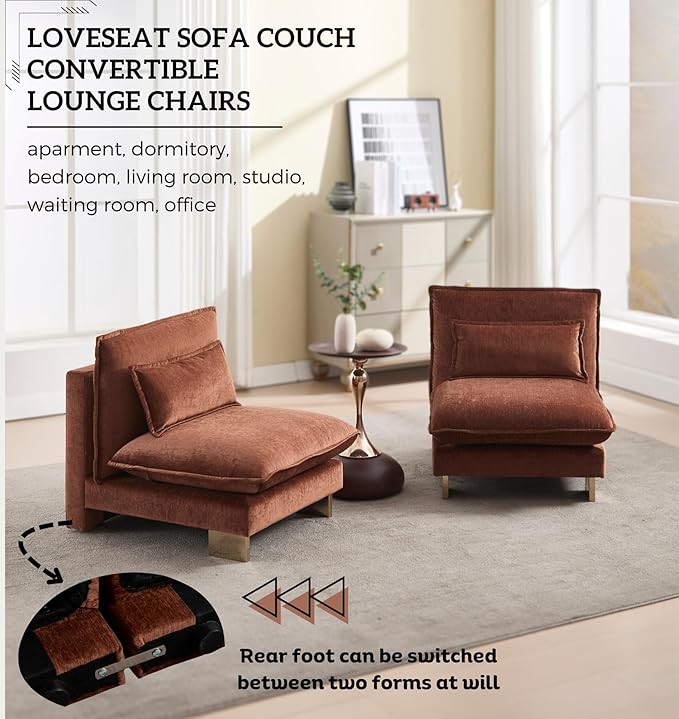 Small Modular Sofa Armless Loveseat Modern 2-Seats Mini Sofa Couch with Pillows Convertible Love Seat with Gold Legs for Small Spaces Living Room Brown Chenille