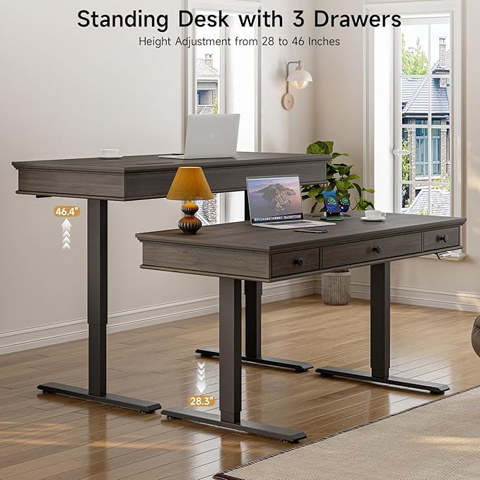 ONBRILL Standing Desk with Drawers 55 x 23 Inch Electric Height Adjustable Desk with Storage &amp Outlets for Computer Workstation Home Office Retro Curved Table Corner Design Black Walnut