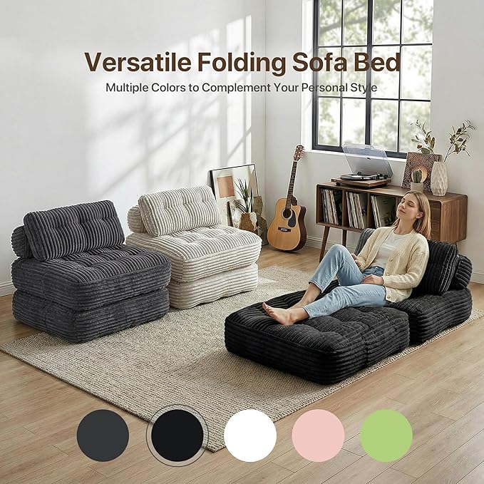 Boneless Chair Folding Sofa Bed with Pillow Sleeper Sofa with Back Support Sleeper Chair Portable Fold Out Chair Bed Comfy Foldable Mattress for Living Room Black Single