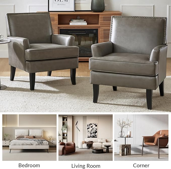 HULALA HOME Modern Faux Leather Accent Chair Comfy Upholstered Sofa Chair with Nailhead Trim Living Room Bedroom Armchair with Wood Legs Grey