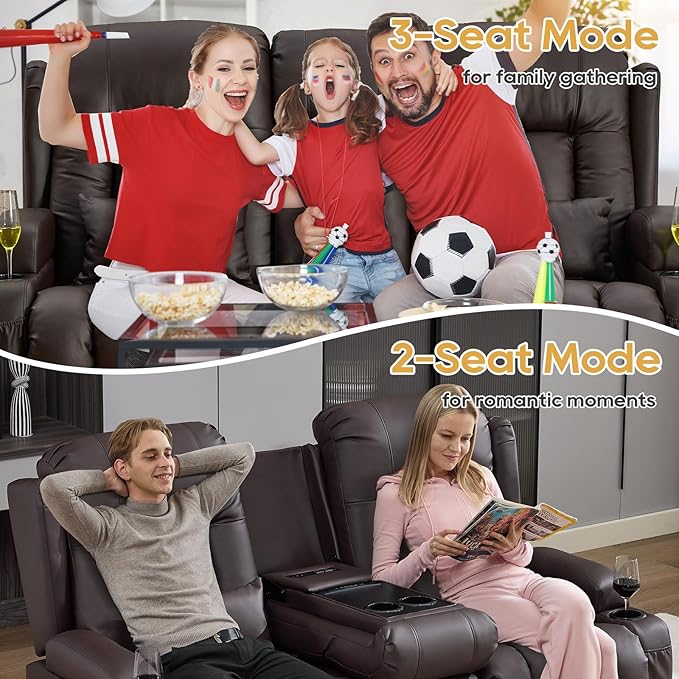 IPKIG Power Loveseat Recliner Sofa with Flip-Up Backrest Console Drawer AC Outlet LED Light Wall Hugger Recliners for Living Room RV Home Theater (Chestnut Console with Music LED)