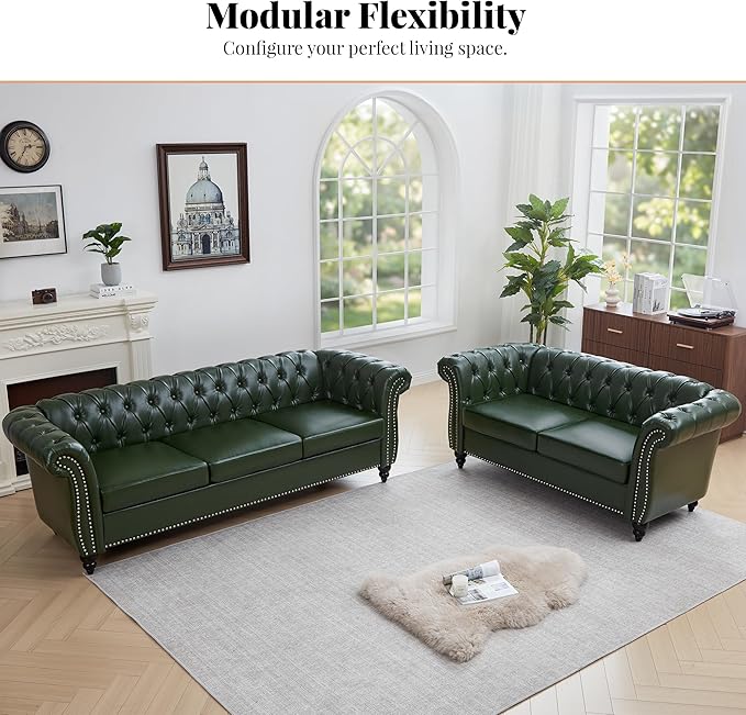 LEVNARY Chesterfield Sofa 3 Seater Tufted Couch for Living Room Classic Button Tufted Upholstered Sofa Modern Mid-Century PU Leather Sofa (Green)