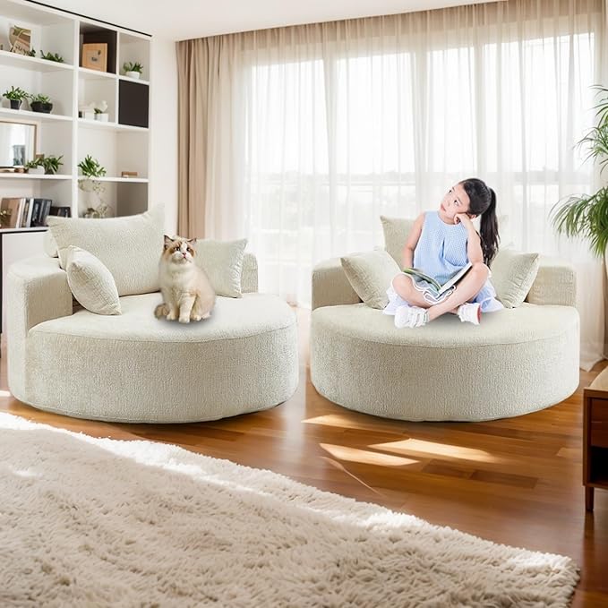 55''W Chenille Oversized Round Chaise Longue Chair Indoor Upholstered Deep Seat Floor Sofa Chair with Pillow No Assembly Required Single Sofa Armchair for Living Room (Chenille Beige)