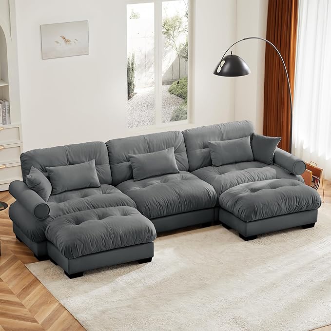 Aoowow Modern Velvet Cloud Sofas Deep Seat for Living Room130 Luxury Oversized U-Shaped Cloud Couch with OttomansTufted Extra Large 3 Seater Sleeper Sofa