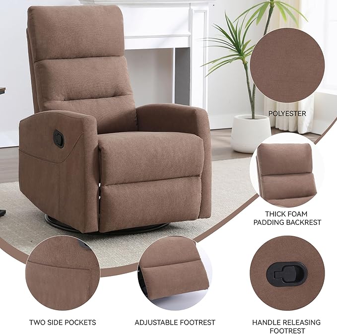 Slim Swivel Rocking Chair Recliner with PocketsLazy Boy Recliners for for AdultsSmall Recliner Chair for Small Spaces Manual Reclining Chairs for Living Room Bedroom Adjustable Backrest (Brown)