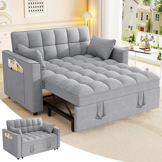 3 in 1 Convertible Sleeper Sofa Bed 52'' Velvet Pull Out Couch Bed with Comfy Pillows &amp Adjustable Backrest/Side PocketsFuton Loveseat Sleeper Sofa for Small Spaces Living Room Bedroom (Gray)