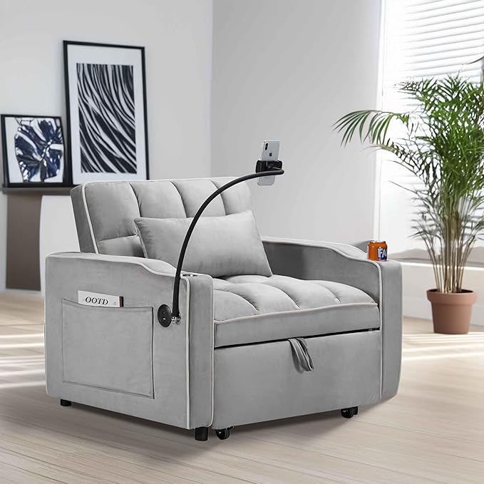 Convertible Chair Bed 3 in 1 Sofa Bed Chair with Adjustable Backrest &amp Cup Holder &amp Charging Station Small Space One Person Couch for Apartment Office Living Room Bedroom (Grey)