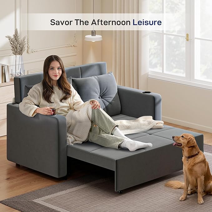 3 in 1 Sofa Bed 56 Inch Velvet Pull Out Couch Convertible Sleeper Sofa with Cup Holders USB Loveseat Sofa Couches for Living Room Small Space Deep Grey