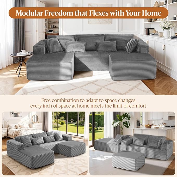 Cloud Modular Sectional Sofa Couch Boneless Couch Deep Seat for Living Room No Assembly Minimalist Modular Sofa Corduroy (Light Grey 2 Seater+Left Facing Chaise+Ottoman)