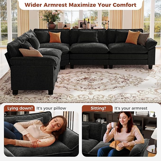 CDCASA 117 Oversized Modular Sectional Sofa with Corner Comfy V-Shaped Cloud Couch 5-Seater Chenille Deep Seat Modern Sofa Couch for Living Room DIY Combination Black