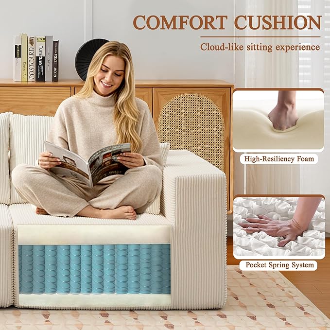 Modular Sectional Sofa for Living Room 108 Cloud Couch Sectional with L-Shape Chaise Modern Upholstered Corduroy Boneless Couch with Memory Foam Deep Seat No Assembly Required (Beige)
