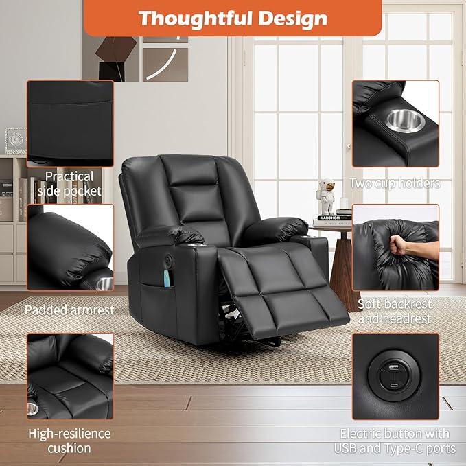 CANMOV Leather Power Lift Recliner Chair for Elderly Lift Chair Single Sofa with Massage and HeatingElectric Lift Recliner with Cup Holders USB Port for Living RoomBlack