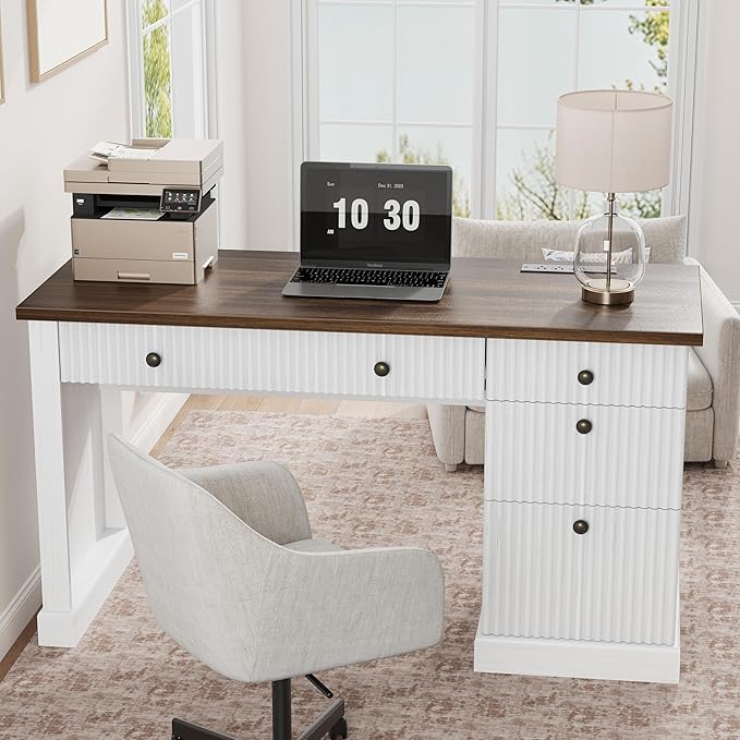 GarveeHome 54 Home Office Desk Fluted Executive Desk with File Drawers Wooden Computer Desk with Charging Station for Study Room-White
