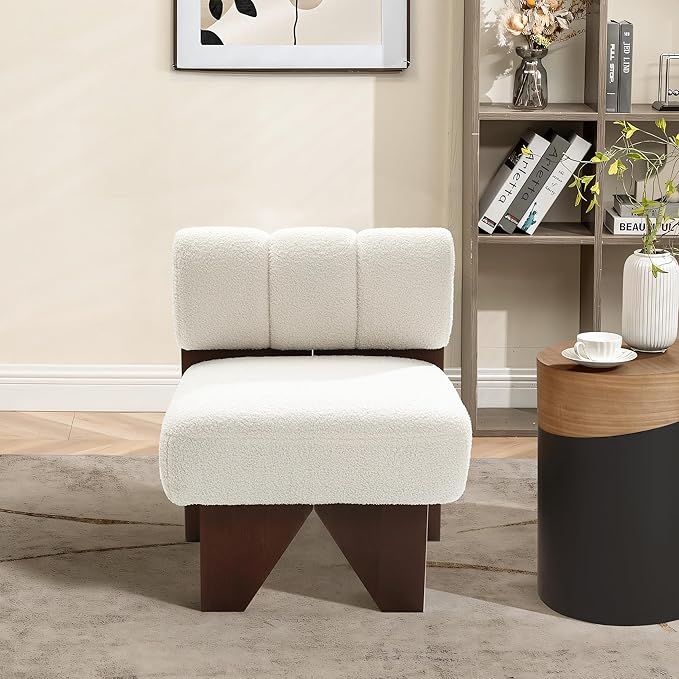 LuxenHome Upholstered Accent Chair White Modern Cozy and Soft Armless Chair with Solid Wood LegsSoft Padded Cushion Chair Suitable for Living Room Bedroom Reception Room Office