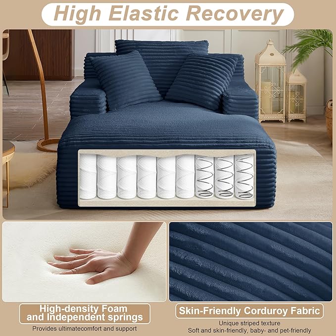KEIKI 67 Oversized Chaise Lounge Chair Indoor Deep Seat Corduroy Cloud Couch Sleeper Sofa Bed with Pillows Cozy Lounge Sofa for Gaming Room Movie Night Relaxing No Assembly Required