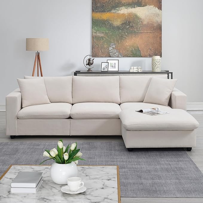 100.4 Modern Sectional Sofa with Ottoman - 3-Seat L-Shape Sofa Upholstered Fabric Couch Set for Living Room Apartment Office - Beige