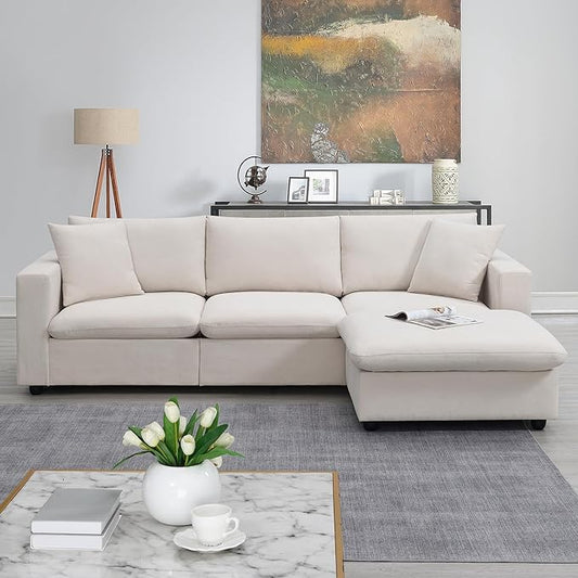 100.4 Modern Sectional Sofa with Ottoman - 3-Seat L-Shape Sofa Upholstered Fabric Couch Set for Living Room Apartment Office - Beige