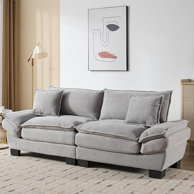 KEIKI Loveseat Sofa 84 Corduroy Upholstered Couch with Deep Seat and 2 Pillows Modern Loveseat Sofa Couch for Small Spaces Living Room Apartment Office Light Grey