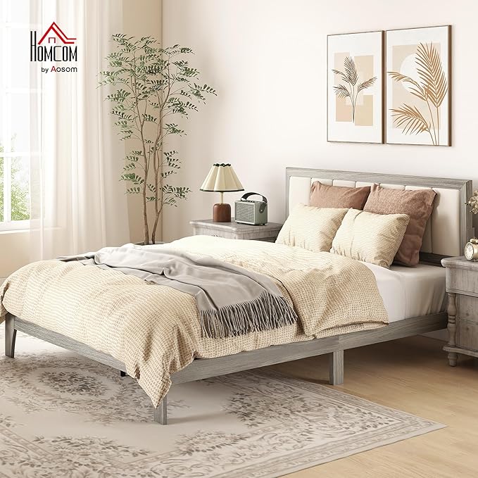 HOMCOM Queen Size Bed Frame with Upholstered Headboard Platform Bed Frame with Wooden Slats No Box Spring Needed Easy Assembly Gray