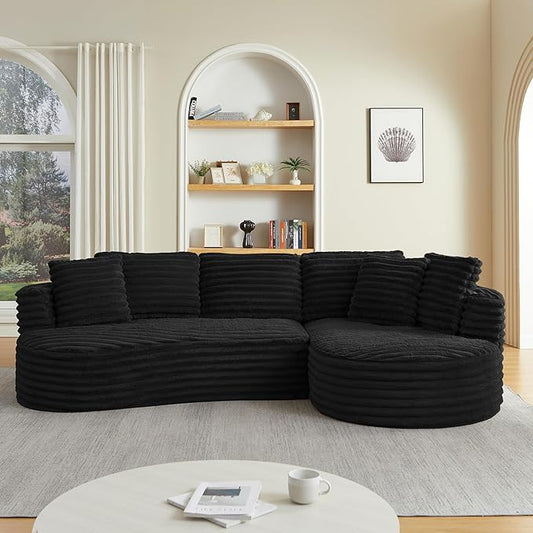 Modern Boneless Curved Sectional Sofa Oversized Minimalist L-Shape Corduroy Sponge Sofa with Round Chaise Comfy Sleeper Couch for Living Room Apartment Reception Spaces 4 Seat Black Right Chaise