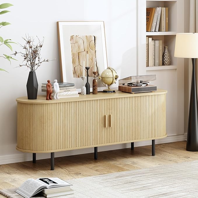 55 TV Stand with Power Outlet Modern Media Console with Sliding Doors Entertainment Center for TVs up to 60 Inch Adjustable Shelves Oak