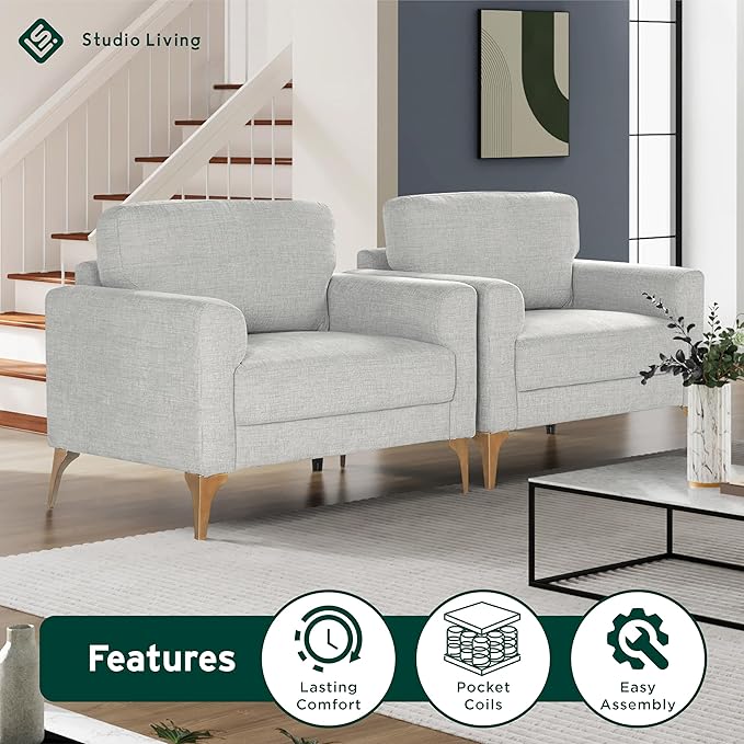 Studio Living® Matthew 39.8 Arm Chair Mid-Century Modern Pocket Coil Comfort Metal Brushed Bronze Legs Chenille Fabric Ivory
