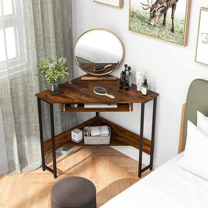 Corner Desk Triangle Computer Desk with Power Outlets Small Desk for Small Spaces Compact Makeup Vanity Desk with Storage Shelf &amp Keyboard Tray Home Office Workstation for Bedroom
