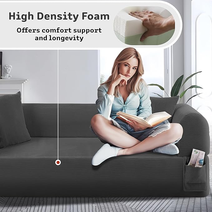 AC Pacific 3-Seater Sofa with Pillows &amp Storage – Low-Profile Hybrid Design Pocketed Springs &amp High-Density Foam Gray Fabric Couch for Living Room Apartment Charcoal