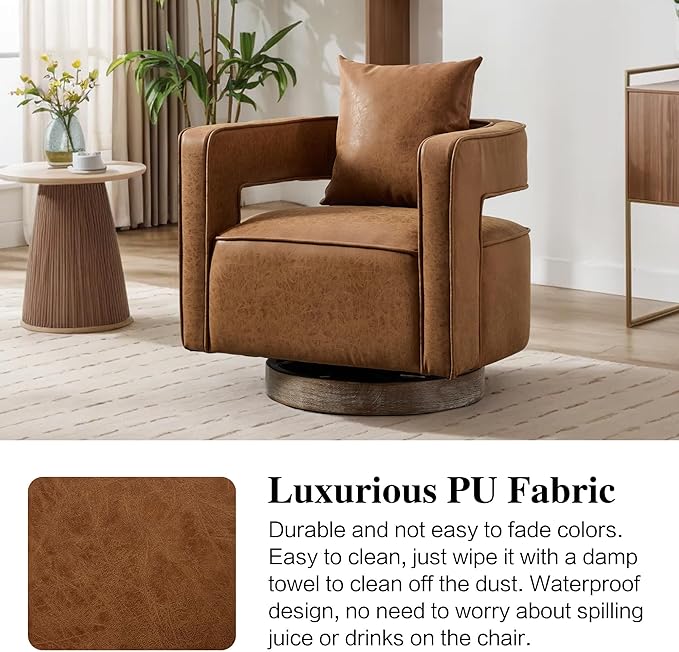 Mlmh &amp Kngwa 29 W Swivel Accent Barrel Chair Set of 2 Mid Century Modern PU Leather Round Arm Chair for Living Room BedroomBrown