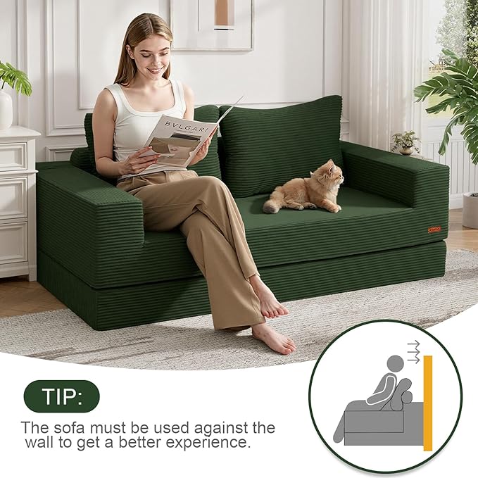 COMAX Convertible Sofa Bed Queen Corduroy Folding Floor Couch Pull Out Couch Bed Futon Sleeper with Pillows Fold Out Boneless Sofa Comfy Lounge Mattress Loveseat for Living Room Bedroom Green