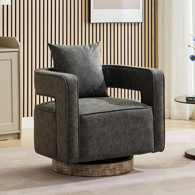 Chifee &amp Vingol 29.1 PU Leather Swivel Accent Chair Mid Century Retro Barrel Chair with Solid Wood BaseGrey