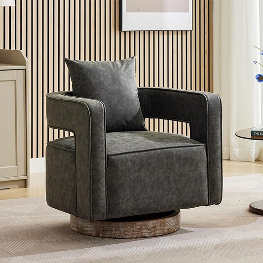 Chifee &amp Vingol 29.1 PU Leather Swivel Accent Chair Mid Century Retro Barrel Chair with Solid Wood BaseGrey