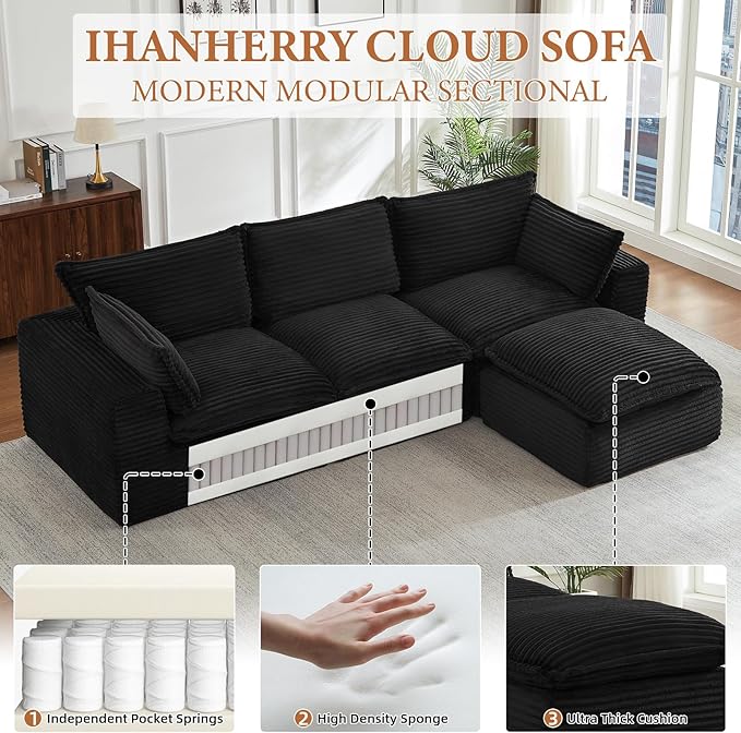 110 Inch Modular Sectional Sofa - Cloud Sectional Couch with OttomanCorduroy Boneless Couches with Deep SeatModern Sponge Compressed Couches for Living Room (White 4 Seat -L Shape Couch)