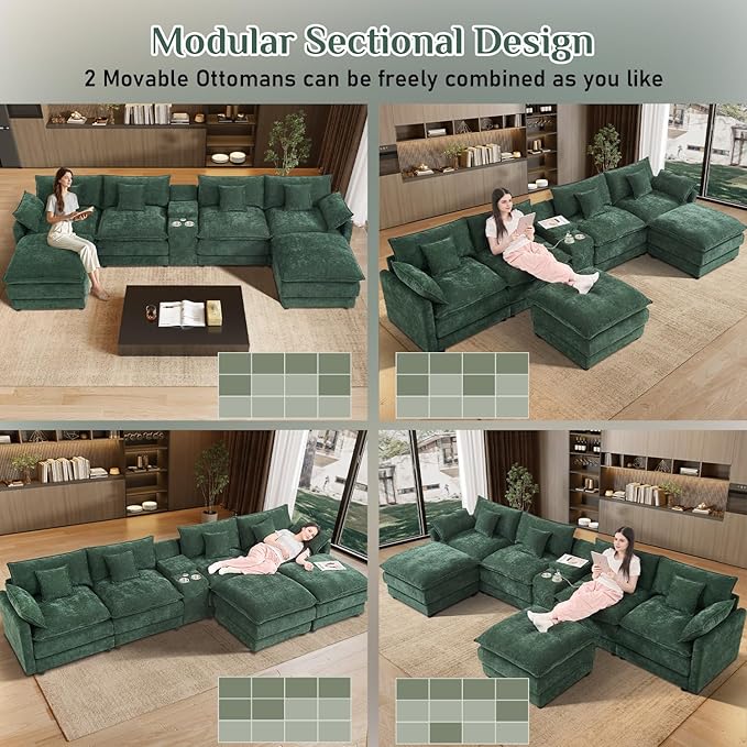 163 Oversized Modular Sectional Sofa U Shaped Cloud Couch Modern 6 Seat Sofa Set for Living Room Comfy Chenille Deep Seat with Storage Central Console Movable Ottomans Cup Holders USB Ports Green