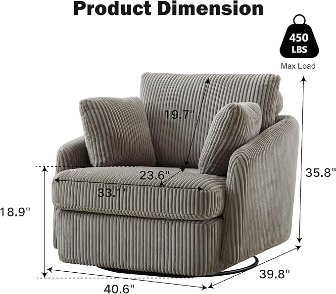 Chifee &amp Vingol 40.6 Oversized Swivel Accent ChairCorduroyGray